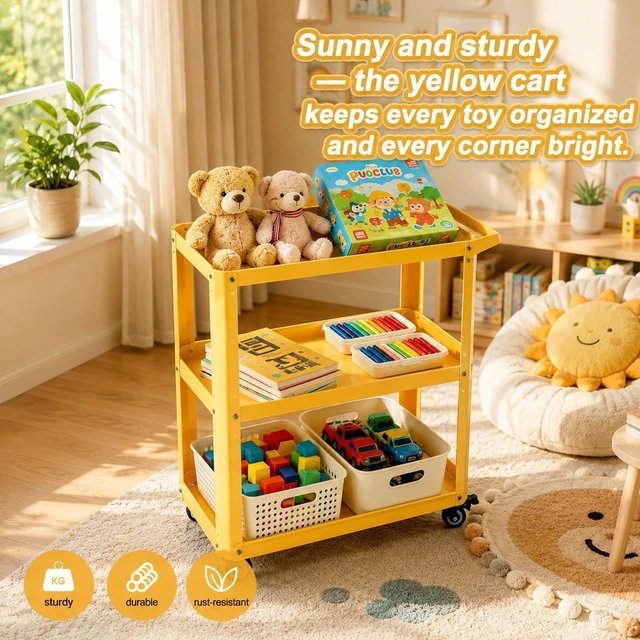 Alt view image 7 of 7 - 3 Tier Metal Utility Rolling Cart with Wheels, Yellow Heavy Duty Storage Organizer, 330Lbs Capacity, Multi-Purpose, For Kitchen, Bathroom, Office, Bedroom