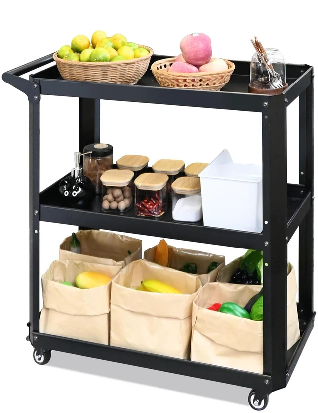 Main image of 3 Tier Metal Utility Rolling Cart with Wheels, Black Heavy Duty Storage Organizer, 330Lbs Capacity, Multi-Purpose, For Kitchen, Bathroom, Office, Bedroom