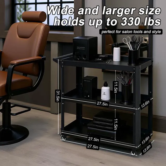 Alt view image 3 of 7 - 3 Tier Metal Utility Rolling Cart with Wheels, Black Heavy Duty Storage Organizer, 330Lbs Capacity, Multi-Purpose, For Kitchen, Bathroom, Office, Bedroom
