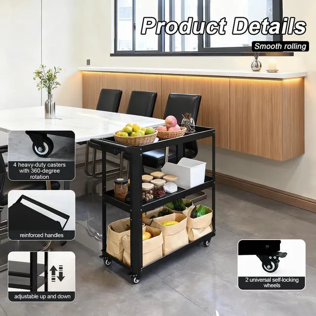 Alt view image 4 of 7 - 3 Tier Metal Utility Rolling Cart with Wheels, Black Heavy Duty Storage Organizer, 330Lbs Capacity, Multi-Purpose, For Kitchen, Bathroom, Office, Bedroom