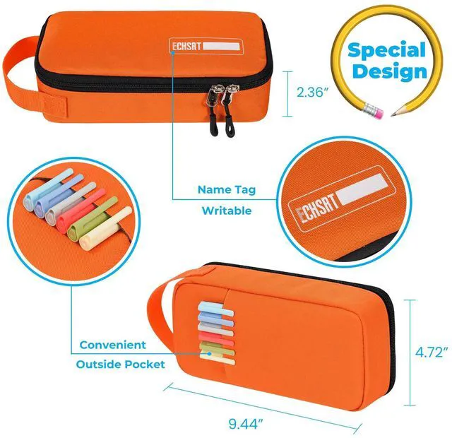 Alt view image 2 of 6 - Large Capacity Pencil Case with Hidden Pocket, 1200D Oxford Fabric Zipper Pencil Pouch with Handle, Multi-Pocket Stationery Organizer for Office, College, Travel and Daily Carry, Orange
