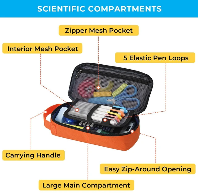 Alt view image 3 of 6 - Large Capacity Pencil Case with Hidden Pocket, 1200D Oxford Fabric Zipper Pencil Pouch with Handle, Multi-Pocket Stationery Organizer for Office, College, Travel and Daily Carry, Orange