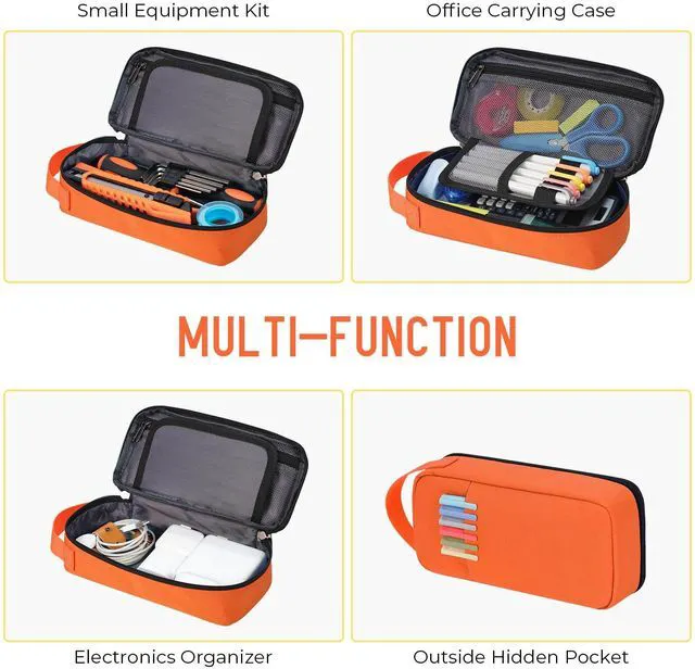 Alt view image 4 of 6 - Large Capacity Pencil Case with Hidden Pocket, 1200D Oxford Fabric Zipper Pencil Pouch with Handle, Multi-Pocket Stationery Organizer for Office, College, Travel and Daily Carry, Orange