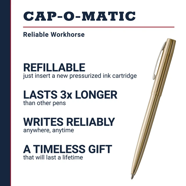 Alt view image 2 of 7 - Space Pen Brass Alloy Cap-O-Matic Pen, Black Ink Pressurized Ballpoint Pen, Writes Upside Down and in Extreme Temperatures, Medium Point, Pocket Clip, Made in the USA