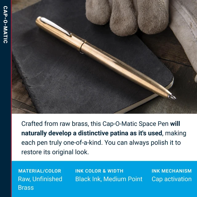 Alt view image 3 of 7 - Space Pen Brass Alloy Cap-O-Matic Pen, Black Ink Pressurized Ballpoint Pen, Writes Upside Down and in Extreme Temperatures, Medium Point, Pocket Clip, Made in the USA