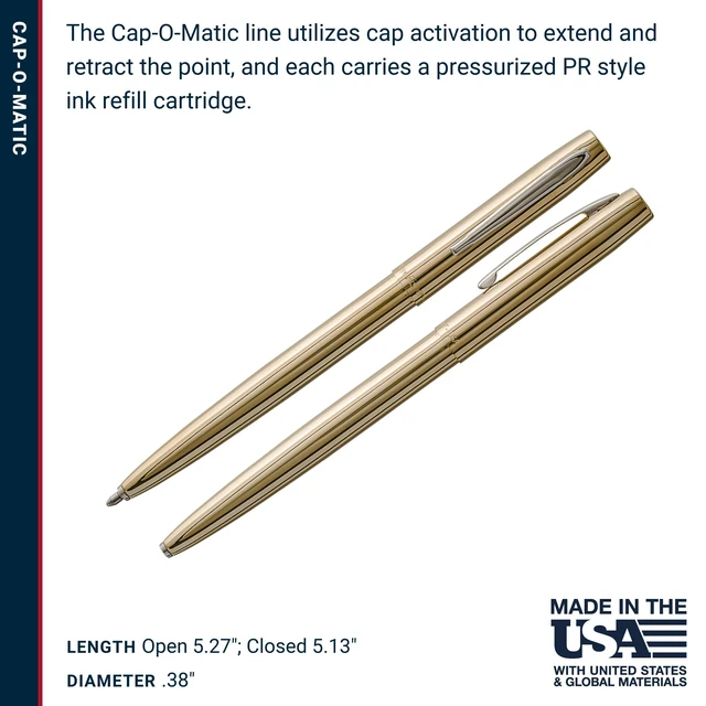 Alt view image 6 of 7 - Space Pen Brass Alloy Cap-O-Matic Pen, Black Ink Pressurized Ballpoint Pen, Writes Upside Down and in Extreme Temperatures, Medium Point, Pocket Clip, Made in the USA