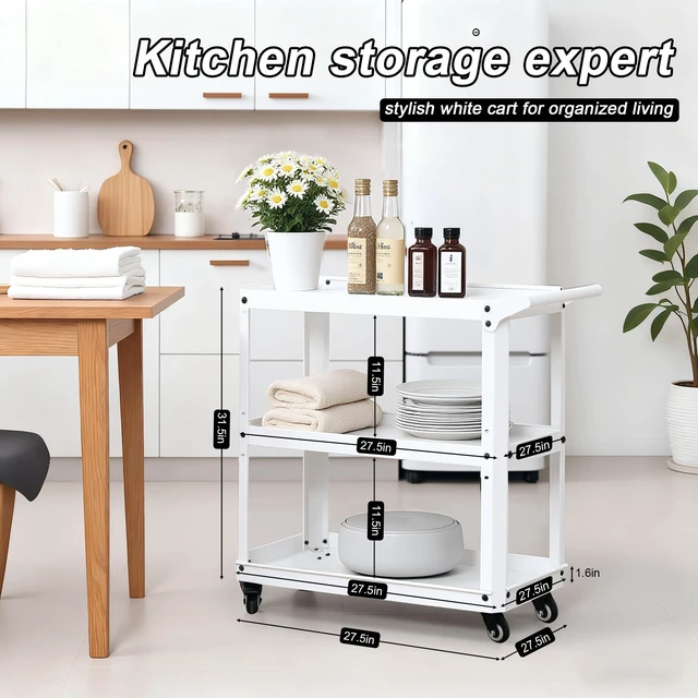 Alt view image 3 of 7 - 3 Tier Metal Utility Rolling Cart with Wheels, White Heavy Duty Storage Organizer, 330Lbs Capacity, Multi-Purpose, For Kitchen, Bathroom, Office, Bedroom