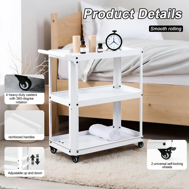 Alt view image 4 of 7 - 3 Tier Metal Utility Rolling Cart with Wheels, White Heavy Duty Storage Organizer, 330Lbs Capacity, Multi-Purpose, For Kitchen, Bathroom, Office, Bedroom