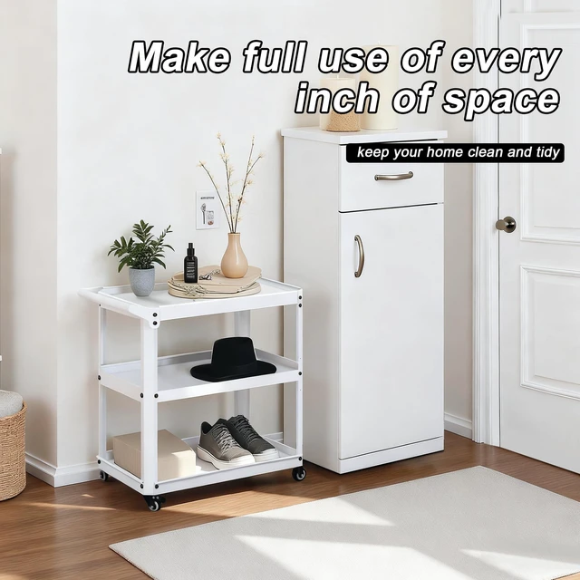 Alt view image 6 of 7 - 3 Tier Metal Utility Rolling Cart with Wheels, White Heavy Duty Storage Organizer, 330Lbs Capacity, Multi-Purpose, For Kitchen, Bathroom, Office, Bedroom