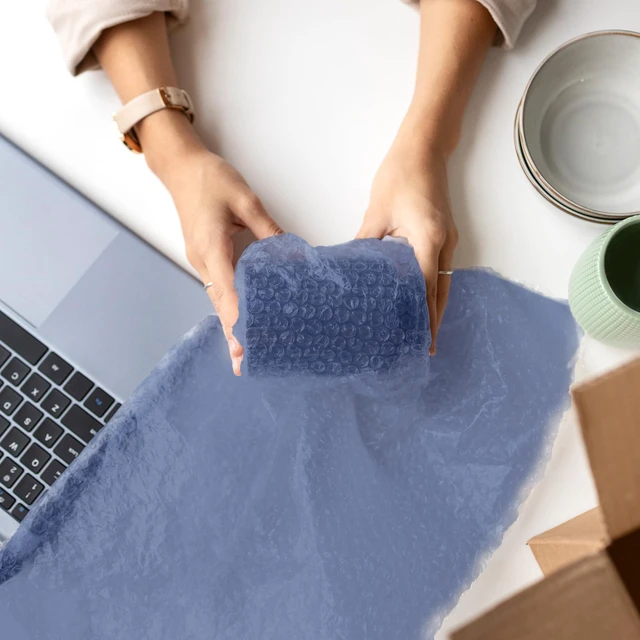 Alt view image 3 of 4 - Blue Bubble Cushioning Rolls 72 FT, 12 inch width Perforated every 12" Small air bubble cushioning protects fragile items for packing, shipping, moving, storage, and includes 20 Fragile stickers