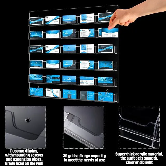 Alt view image 3 of 6 - Acrylic Business Card Holder Wall Mount Office, 30 Pockets Clear Sticker Display Rack, Multiple Card Holder, Acrylic Organizing Display Stand, Pre Drilled for Easy Install, Reception