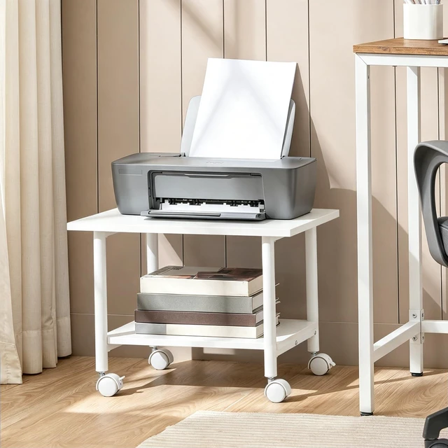 Alt view image 3 of 7 - Printer Stand, 2-Tier Industrial Under Desk Printer Cart with Shelf, Mobile Heavy Duty Storage Rack on Wheels for Home, Office, White WW02PS01G1