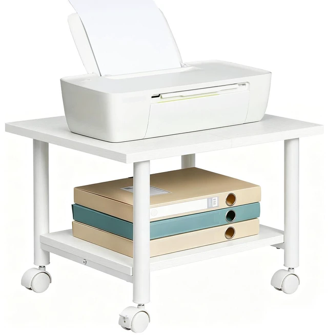 Alt view image 4 of 7 - Printer Stand, 2-Tier Industrial Under Desk Printer Cart with Shelf, Mobile Heavy Duty Storage Rack on Wheels for Home, Office, White WW02PS01G1