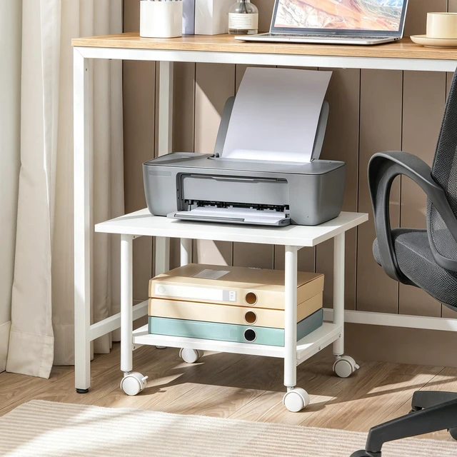 Alt view image 6 of 7 - Printer Stand, 2-Tier Industrial Under Desk Printer Cart with Shelf, Mobile Heavy Duty Storage Rack on Wheels for Home, Office, White WW02PS01G1