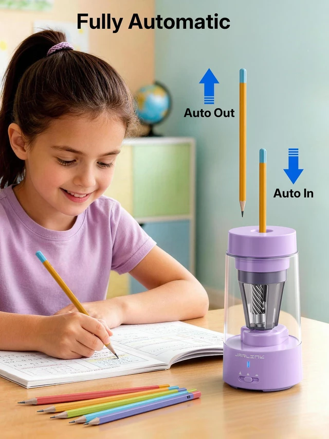 Alt view image 2 of 7 - Fully Automatic Rechargeable Electric Pencil Sharpener 3 Adjustable Sharpness Modes, Compatible with 6-12mm Pencils, Hands-Free Operation for Home, Office and Classroom, Purple
