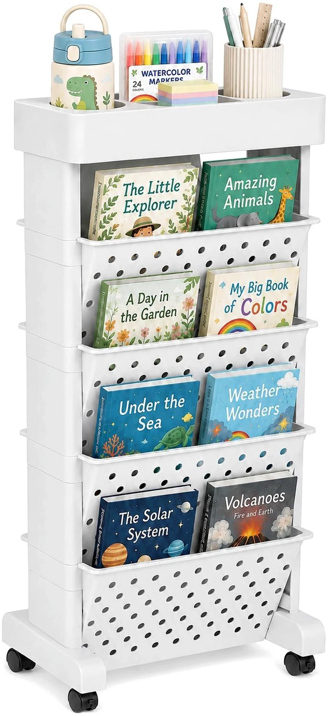 Main image of 5-Tier Rolling Bookshelf Cart with Wheels, White Slim Mobile Book Cart, Plastic Magazine Rack Rolling File Paper Organizer for Home Office Study Classroom Living Room