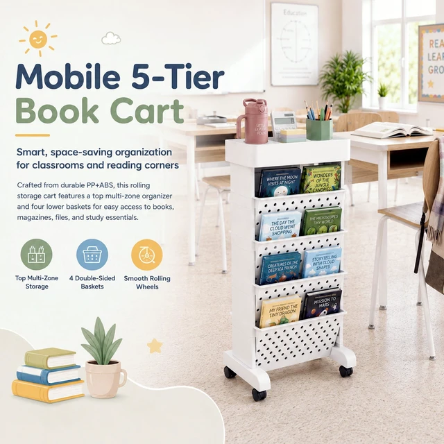 Alt view image 2 of 7 - 5-Tier Rolling Bookshelf Cart with Wheels, White Slim Mobile Book Cart, Plastic Magazine Rack Rolling File Paper Organizer for Home Office Study Classroom Living Room