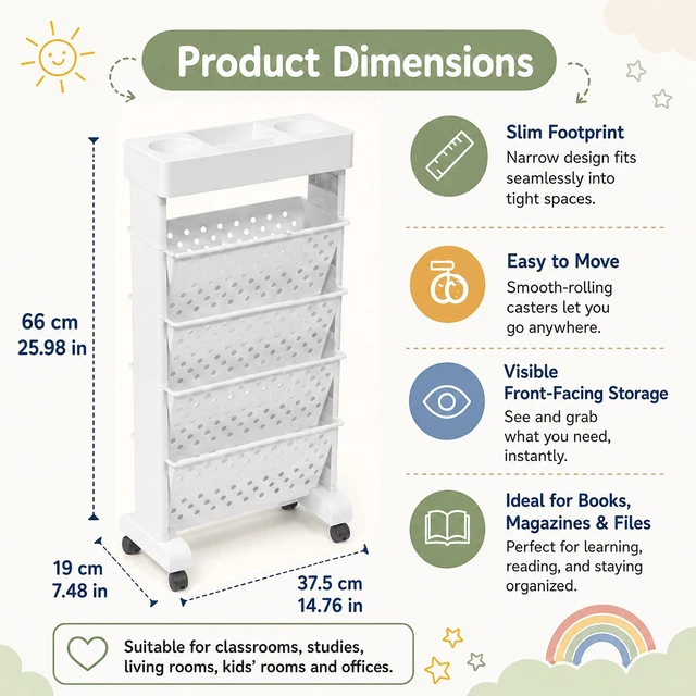 Alt view image 3 of 7 - 5-Tier Rolling Bookshelf Cart with Wheels, White Slim Mobile Book Cart, Plastic Magazine Rack Rolling File Paper Organizer for Home Office Study Classroom Living Room