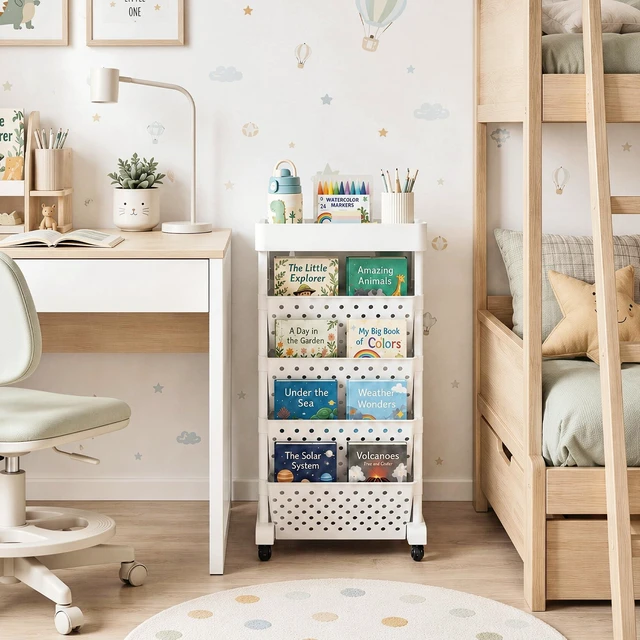 Alt view image 4 of 7 - 5-Tier Rolling Bookshelf Cart with Wheels, White Slim Mobile Book Cart, Plastic Magazine Rack Rolling File Paper Organizer for Home Office Study Classroom Living Room