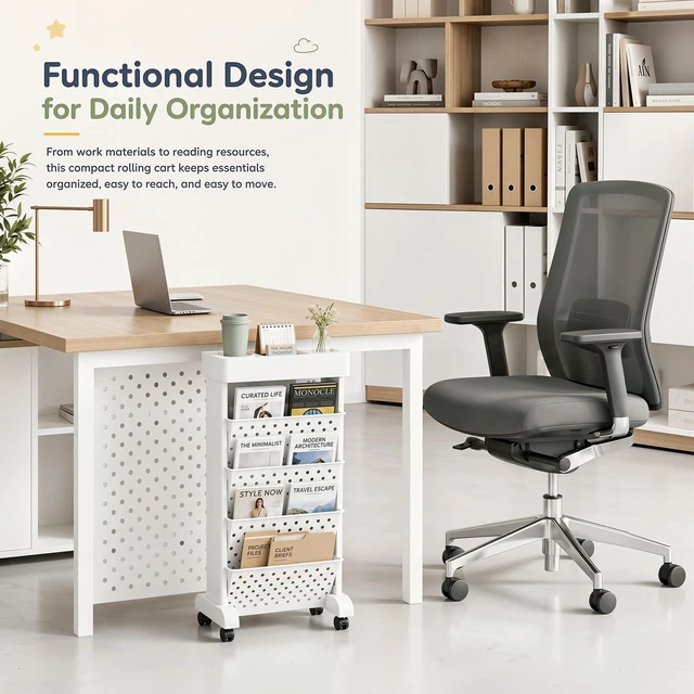 Alt view image 5 of 7 - 5-Tier Rolling Bookshelf Cart with Wheels, White Slim Mobile Book Cart, Plastic Magazine Rack Rolling File Paper Organizer for Home Office Study Classroom Living Room