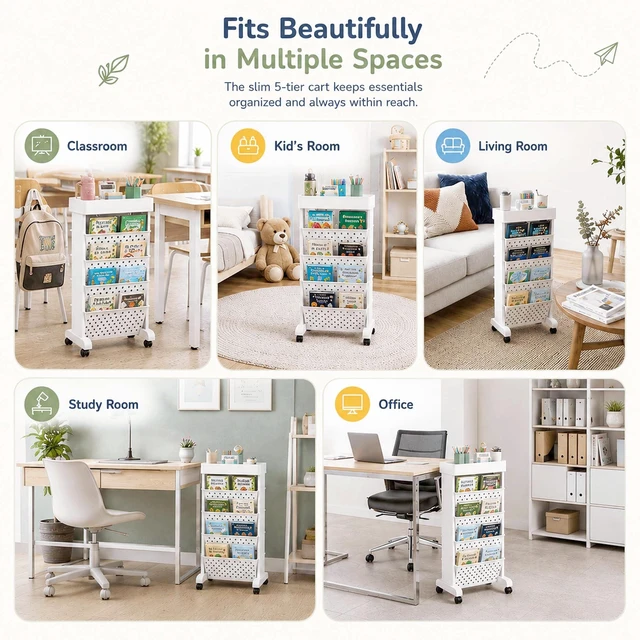 Alt view image 7 of 7 - 5-Tier Rolling Bookshelf Cart with Wheels, White Slim Mobile Book Cart, Plastic Magazine Rack Rolling File Paper Organizer for Home Office Study Classroom Living Room