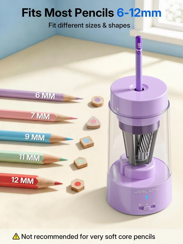 Alt view image 3 of 7 - Fully Automatic Rechargeable Electric Pencil Sharpener 3 Adjustable Sharpness Modes, Compatible with 6-12mm Pencils, Hands-Free Operation for Home, Office and Classroom, Purple
