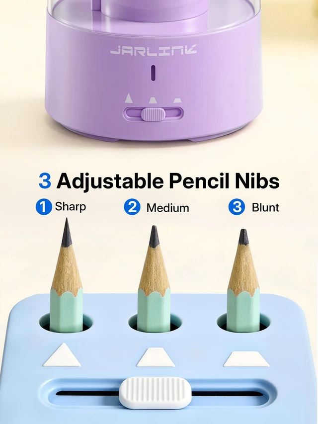 Alt view image 4 of 7 - Fully Automatic Rechargeable Electric Pencil Sharpener 3 Adjustable Sharpness Modes, Compatible with 6-12mm Pencils, Hands-Free Operation for Home, Office and Classroom, Purple
