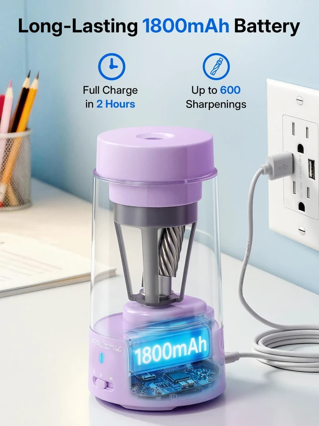 Alt view image 5 of 7 - Fully Automatic Rechargeable Electric Pencil Sharpener 3 Adjustable Sharpness Modes, Compatible with 6-12mm Pencils, Hands-Free Operation for Home, Office and Classroom, Purple