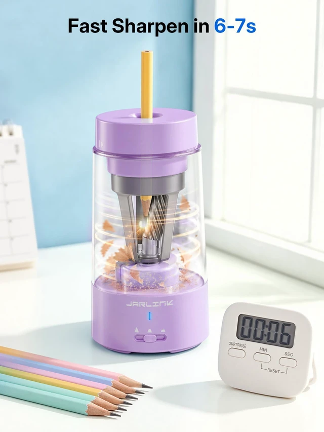Alt view image 6 of 7 - Fully Automatic Rechargeable Electric Pencil Sharpener 3 Adjustable Sharpness Modes, Compatible with 6-12mm Pencils, Hands-Free Operation for Home, Office and Classroom, Purple