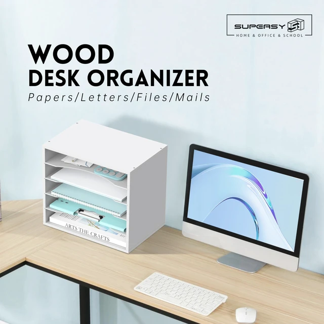 Alt view image 2 of 6 - 5 Tier Wood Desk Organizer, Mail Sorter and Paper Organizer for Desk, White Wooden Desktop Organizer for Sorting Papers, Letters and Mails, Literature Organizer for Home Office, Classroom Organization