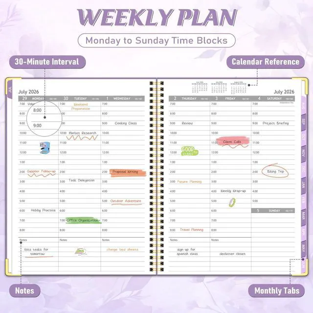 Alt view image 3 of 6 - Appointment Book 2026-2027, 30-Minute Interval Hourly Planner, 8.5"×11" July 2026 - June 2027, Weekly & Monthly Appointment Planner, Daily Academic Planner for Office School, Purple