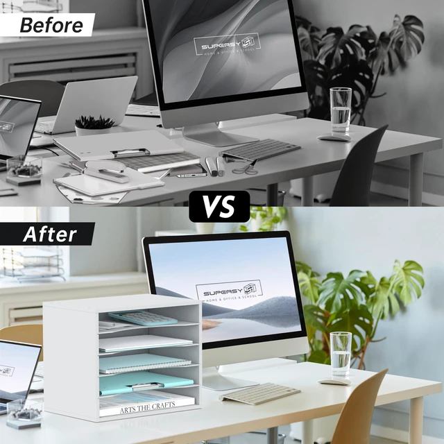 Alt view image 6 of 6 - 5 Tier Wood Desk Organizer, Mail Sorter and Paper Organizer for Desk, White Wooden Desktop Organizer for Sorting Papers, Letters and Mails, Literature Organizer for Home Office, Classroom Organization