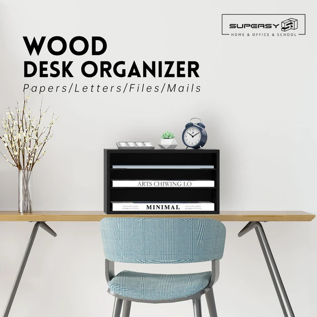 Alt view image 2 of 6 - 3 Tier Wood Desk Organizer, Mail Sorter and Paper Organizer for Desk, Black Wooden Desktop Organizer for Sorting Papers, Letters and Mails, Literature Organizer for Home Office, Classroom Organization