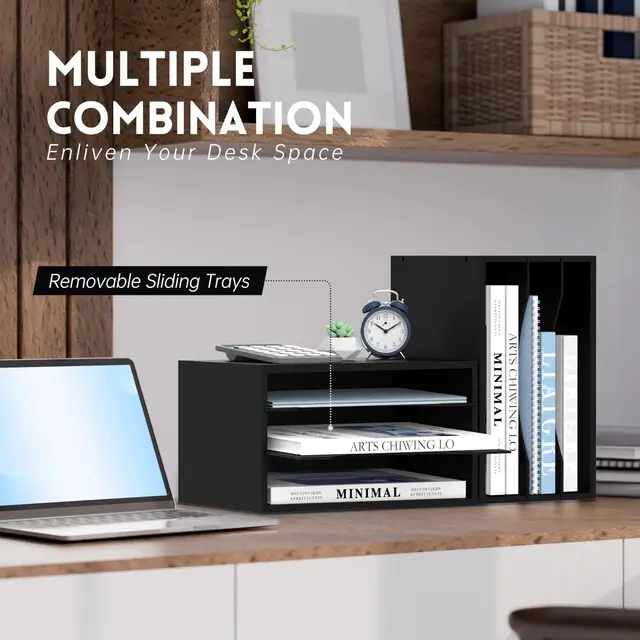 Alt view image 4 of 6 - 3 Tier Wood Desk Organizer, Mail Sorter and Paper Organizer for Desk, Black Wooden Desktop Organizer for Sorting Papers, Letters and Mails, Literature Organizer for Home Office, Classroom Organization