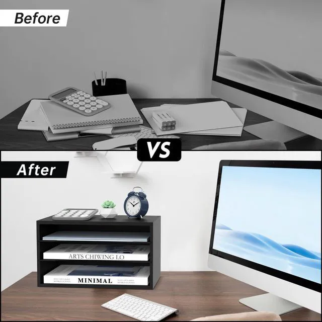 Alt view image 6 of 6 - 3 Tier Wood Desk Organizer, Mail Sorter and Paper Organizer for Desk, Black Wooden Desktop Organizer for Sorting Papers, Letters and Mails, Literature Organizer for Home Office, Classroom Organization