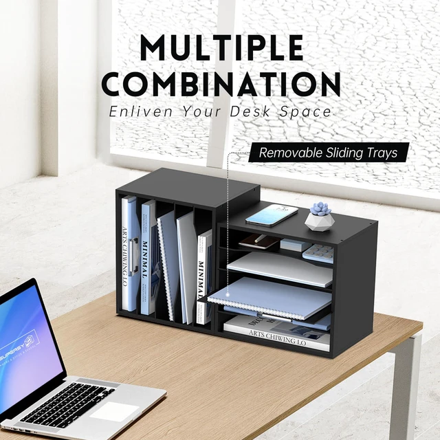 Alt view image 2 of 6 - 5 Tier Wood Desk Organizer, Mail Sorter and Paper Organizer for Desk, Black Wooden Desktop Organizer for Sorting Papers, Letters and Mails, Literature Organizer for Home Office, Classroom Organization
