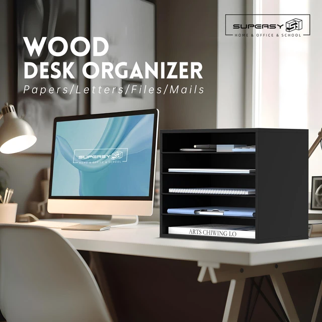Alt view image 4 of 6 - 5 Tier Wood Desk Organizer, Mail Sorter and Paper Organizer for Desk, Black Wooden Desktop Organizer for Sorting Papers, Letters and Mails, Literature Organizer for Home Office, Classroom Organization