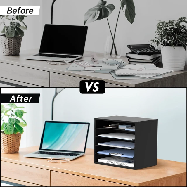 Alt view image 6 of 6 - 5 Tier Wood Desk Organizer, Mail Sorter and Paper Organizer for Desk, Black Wooden Desktop Organizer for Sorting Papers, Letters and Mails, Literature Organizer for Home Office, Classroom Organization