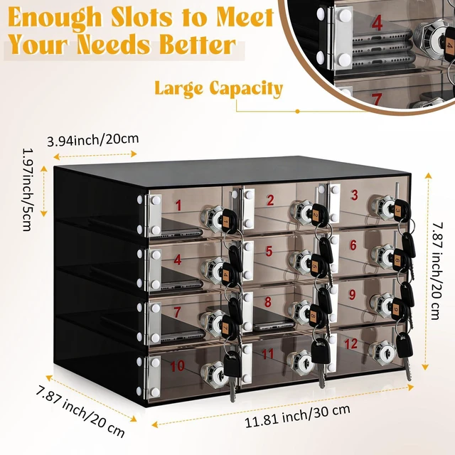 Alt view image 3 of 7 - Cell Phone Locker Box for Classroom, Back to School, Black, 12 Slots Clear Acrylic Cell Phone Storage Cabinet Bin with Door Locks for Classroom School Students Office Factory Employees