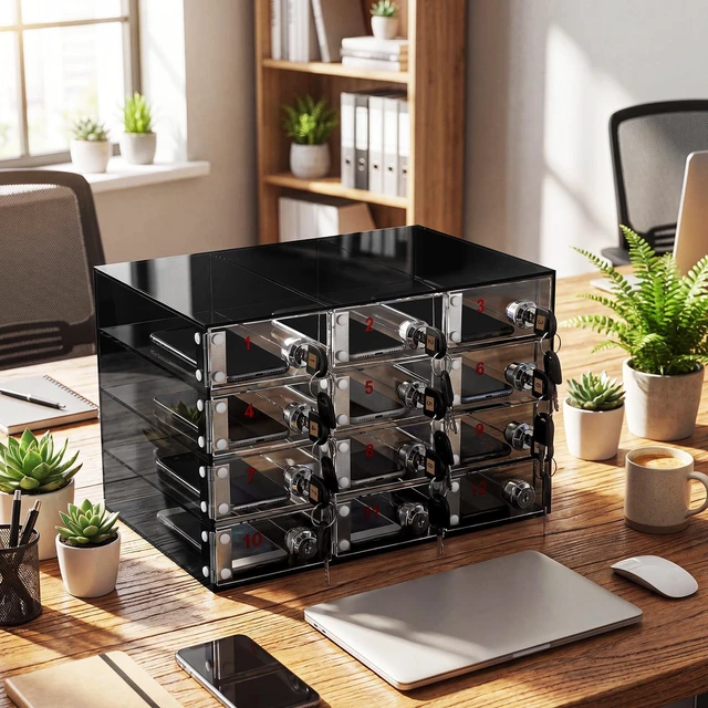 Alt view image 2 of 7 - Cell Phone Locker Box for Classroom, Back to School, Black, 12 Slots Clear Acrylic Cell Phone Storage Cabinet Bin with Door Locks for Classroom School Students Office Factory Employees