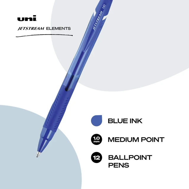 Alt view image 2 of 6 - uniball Jetstream Elements Ballpoint Pens, Medium (1.0mm), Blue, 12 Pack Gel-smooth quick-drying hybrid ink, smudge-resistant for left-handed writers, contoured comfort grip, acid-free