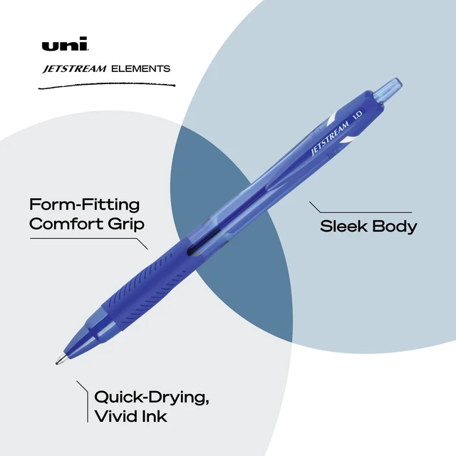 Alt view image 3 of 6 - uniball Jetstream Elements Ballpoint Pens, Medium (1.0mm), Blue, 12 Pack Gel-smooth quick-drying hybrid ink, smudge-resistant for left-handed writers, contoured comfort grip, acid-free