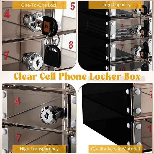 Alt view image 4 of 7 - Cell Phone Locker Box for Classroom, Back to School, Black, 12 Slots Clear Acrylic Cell Phone Storage Cabinet Bin with Door Locks for Classroom School Students Office Factory Employees
