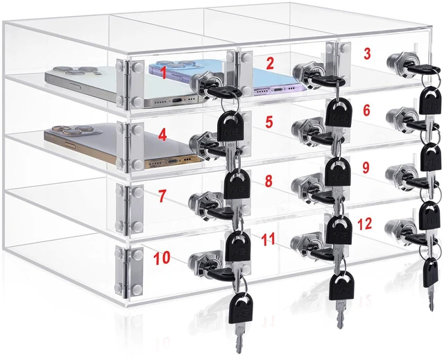 Main image of Cell Phone Locker Box for Classroom, Back to School, Clear, 12 Slots Clear Acrylic Cell Phone Storage Cabinet Bin with Door Locks for Classroom School Students Office Factory Employees