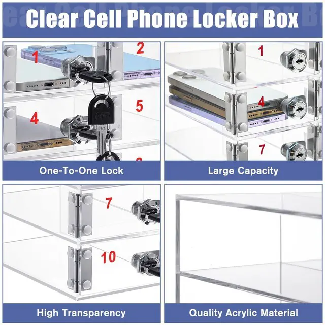 Alt view image 4 of 7 - Cell Phone Locker Box for Classroom, Back to School, Clear, 12 Slots Clear Acrylic Cell Phone Storage Cabinet Bin with Door Locks for Classroom School Students Office Factory Employees