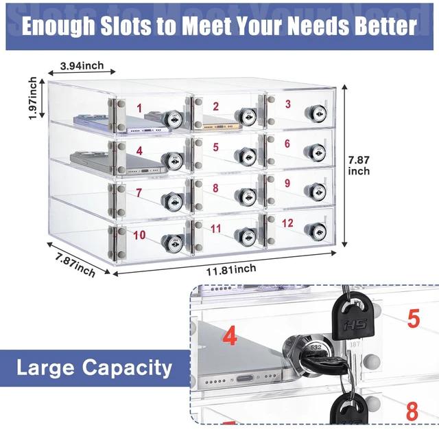 Alt view image 3 of 7 - Cell Phone Locker Box for Classroom, Back to School, Clear, 12 Slots Clear Acrylic Cell Phone Storage Cabinet Bin with Door Locks for Classroom School Students Office Factory Employees