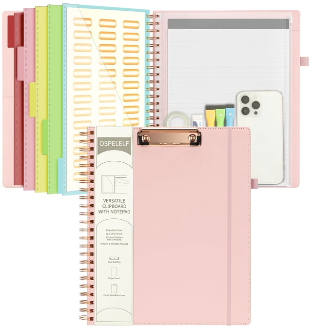 Main image of Leather Clipboard Folio with Notepad for Letter Size, Spiral Clipboard Folder with Storage Zipper Pouch, 5 Folders with 10 Pockets, 39 Divider Label Stickers, Pen Loop Series (Pink)