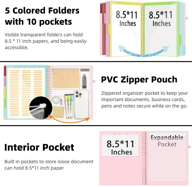 Alt view image 2 of 6 - Leather Clipboard Folio with Notepad for Letter Size, Spiral Clipboard Folder with Storage Zipper Pouch, 5 Folders with 10 Pockets, 39 Divider Label Stickers, Pen Loop Series (Pink)