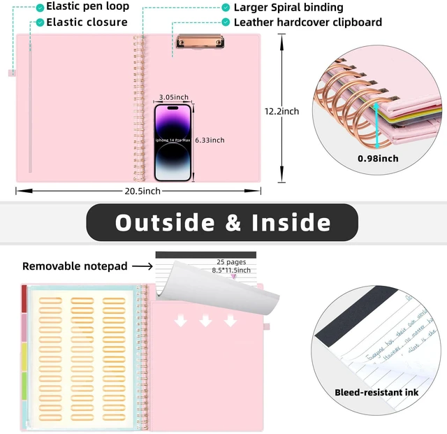Alt view image 3 of 6 - Leather Clipboard Folio with Notepad for Letter Size, Spiral Clipboard Folder with Storage Zipper Pouch, 5 Folders with 10 Pockets, 39 Divider Label Stickers, Pen Loop Series (Pink)