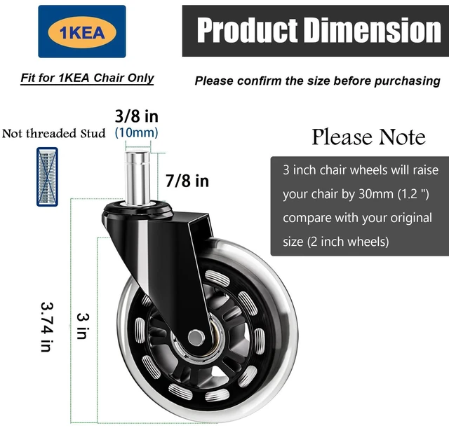 Alt view image 3 of 7 - 10mm 1KEA Office Chair Wheels Casters Replacement 3 Inch Roller Blade Style Stem:10mmx22mm, Heavy Duty Quiet No Scratch Rubber Gaming Desk Chair Wheels, Set of 5 (Fit for 1kea Chair Only)